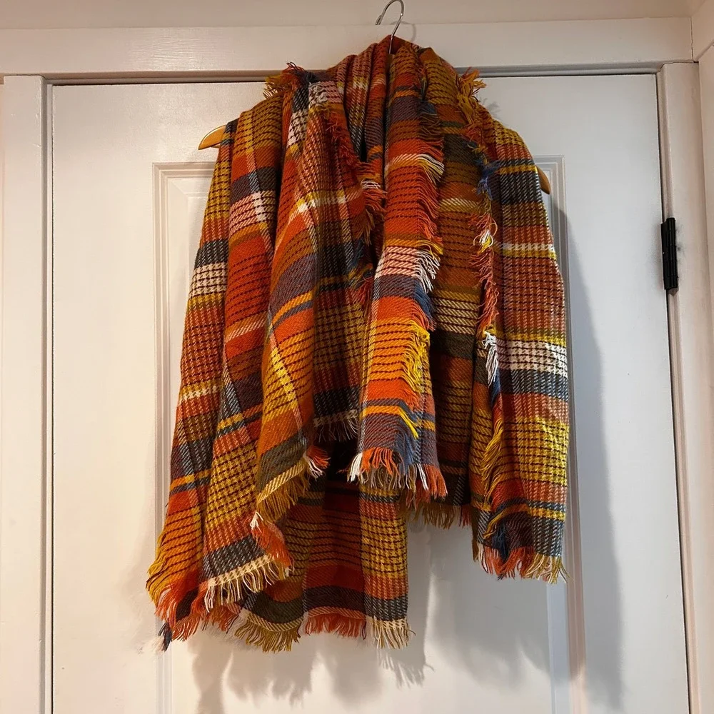 Madewell Tartan Plaid Fringe Blanket‎ Scarf Orange Yellow Soft Warm Travel Chic
